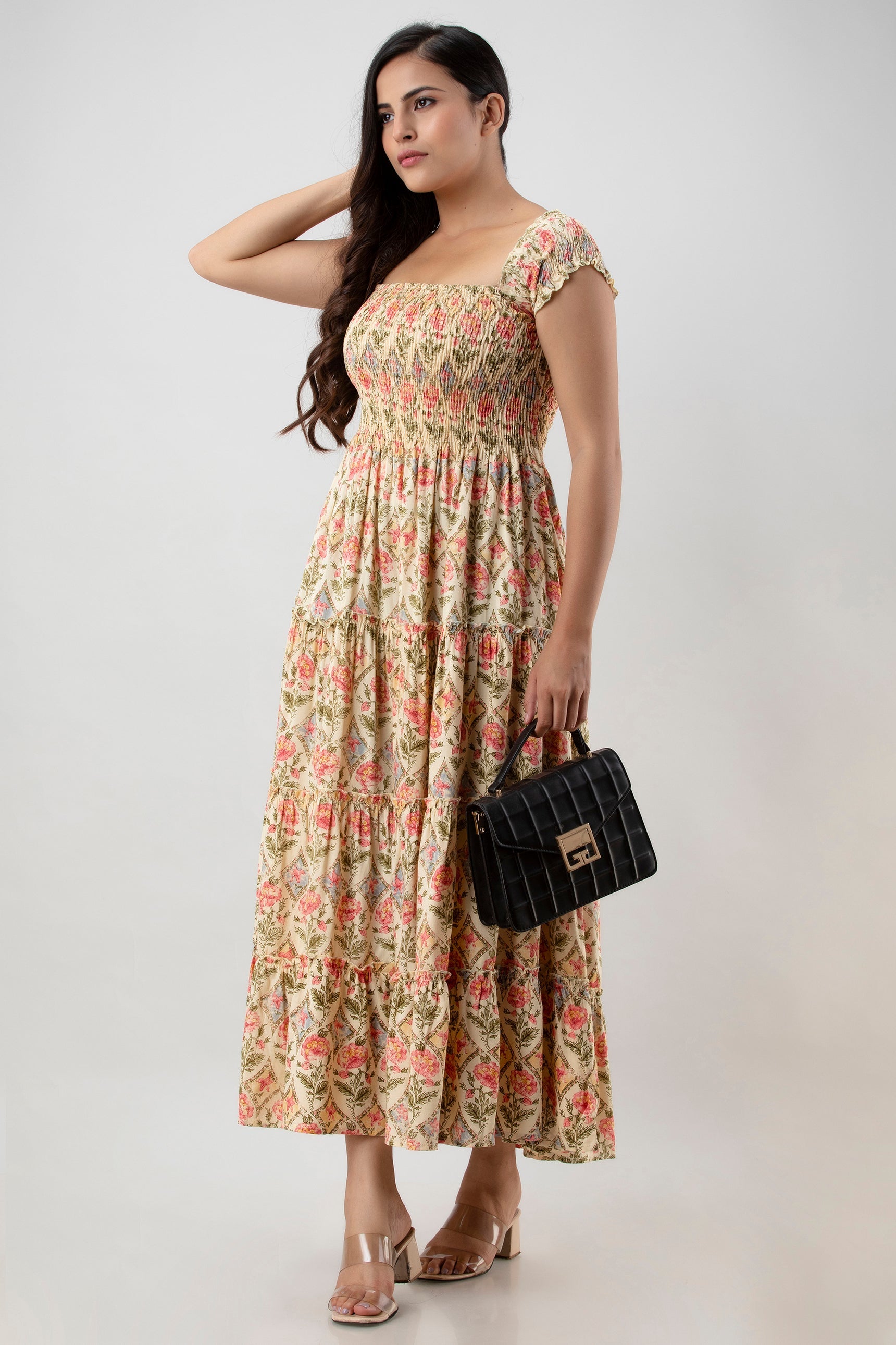 Aawari Bohemian Chic Peach & Pink Floral Block Print Smocked Tiered Maxi Dress - Dresses / Maxi Dresses / Western Wear