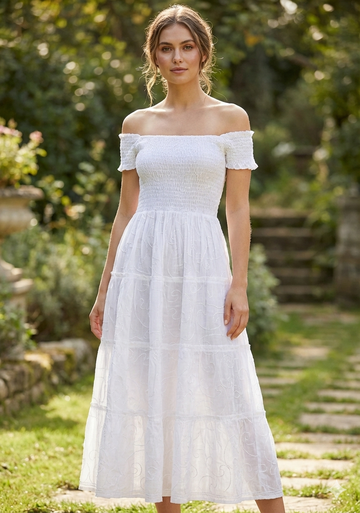 White Smocked Cotton Off-Shoulder Midi Dress