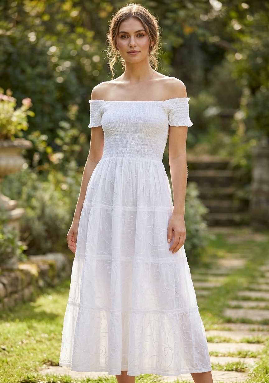 White Smocked Cotton Off-Shoulder Midi Dress