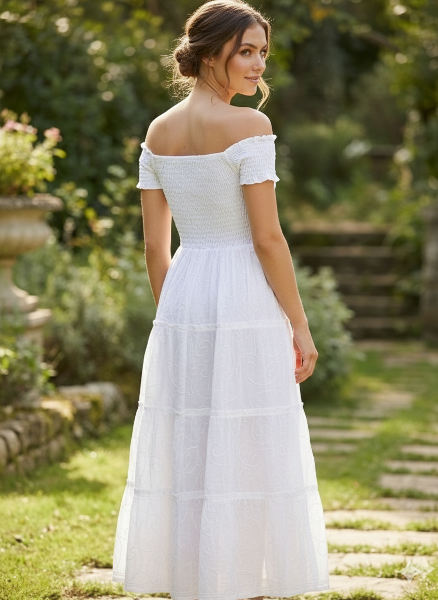 White Smocked Cotton Off-Shoulder Midi Dress