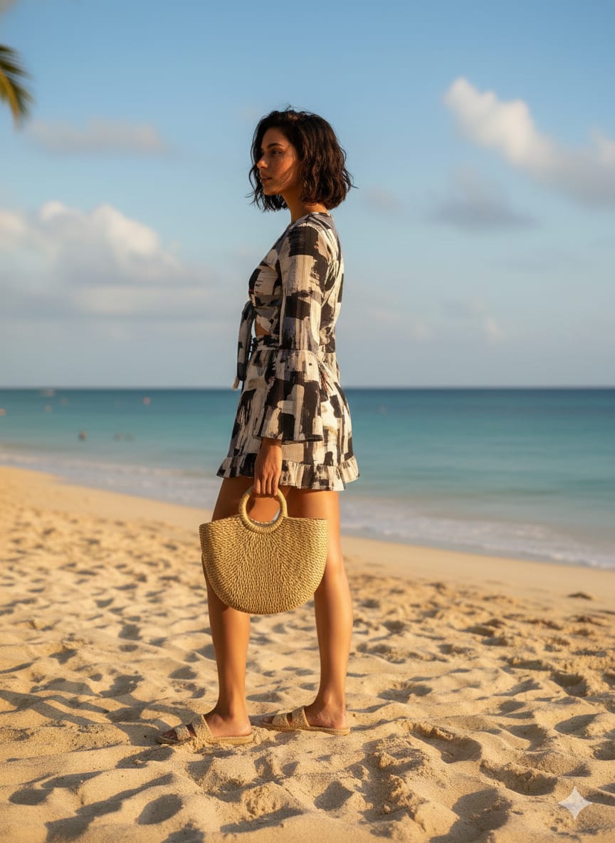 Women’s Black Box Abstract Printed Cotton Beach Wear Set with Tie-Up Top & Shorts