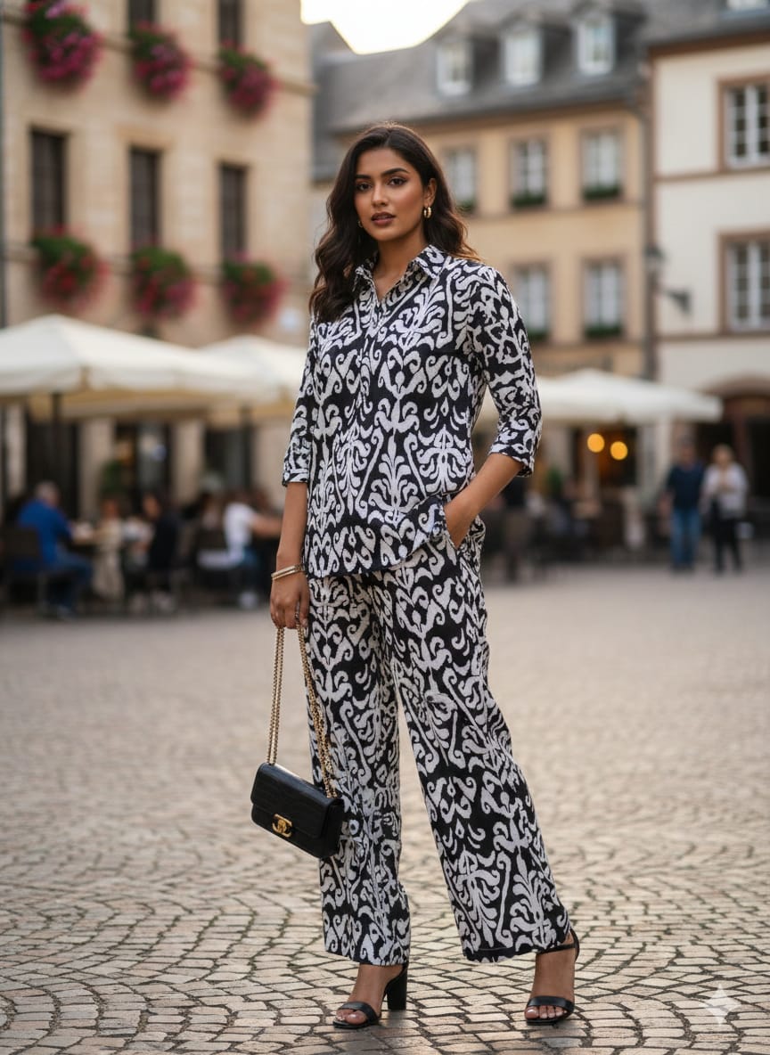 Women’s Black Ikkat Printed Cotton Shirt & Pant Co-Ord Set