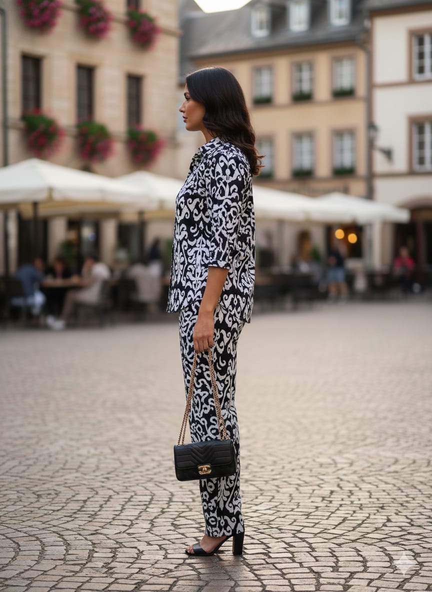 Women’s Black Ikkat Printed Cotton Shirt & Pant Co-Ord Set