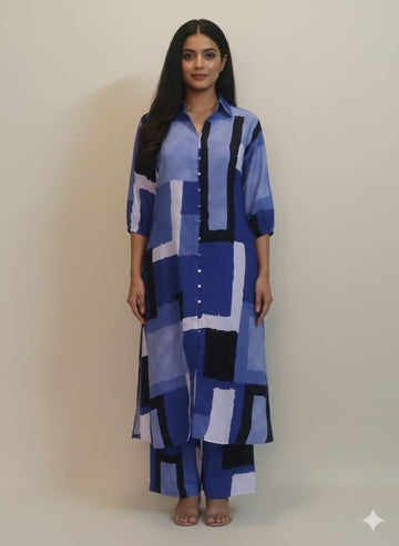Women’s Blue Abstract Printed Rayon Kurta Set with Straight Pants