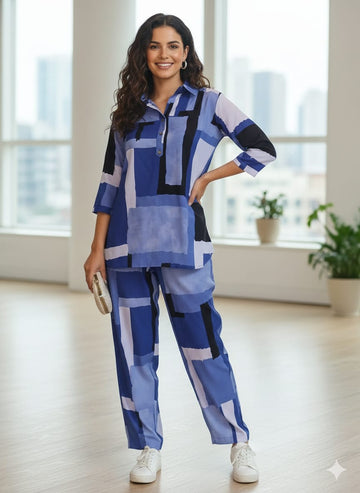 Women’s Blue Abstract Box Printed Rayon Shirt & Pant Co-Ord Set
