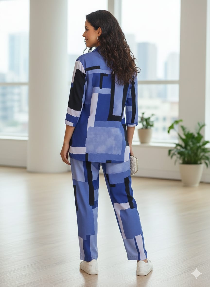 Women’s Blue Abstract Box Printed Rayon Shirt & Pant Co-Ord Set