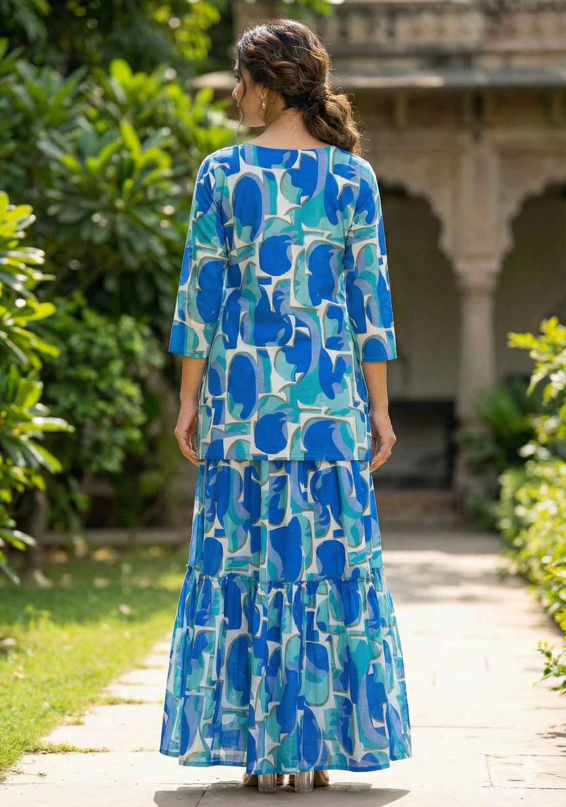 Women’s Blue Abstract Printed Rayon Kurta with Flared Skirt Set