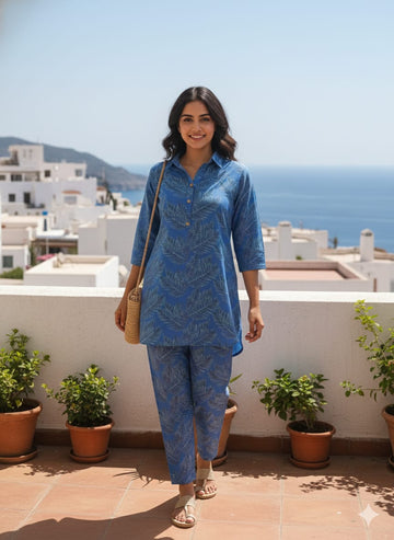 Women’s Blue Paisley Printed Rayon Shirt & Pant Co-Ord Set