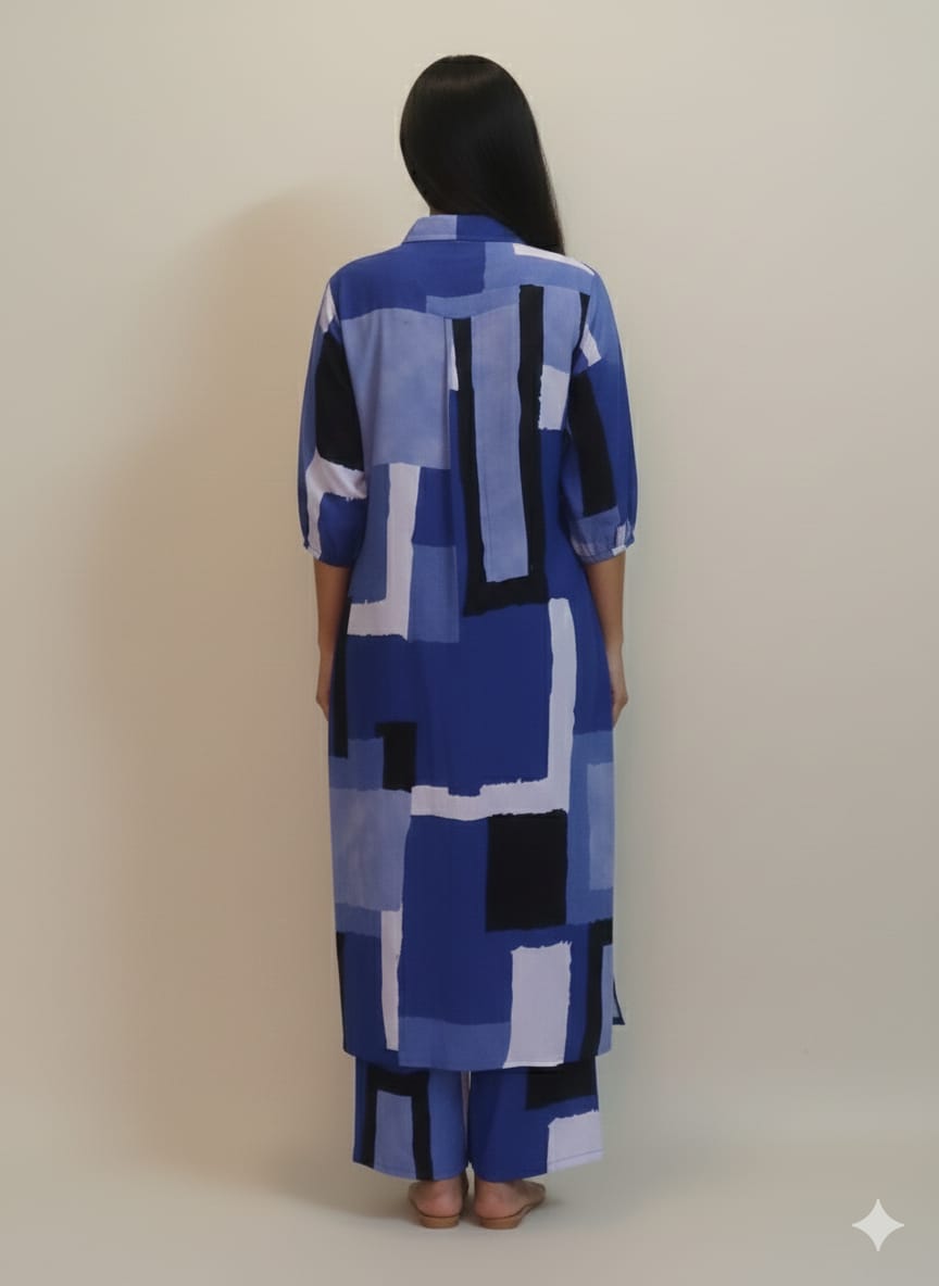 Women’s Blue Abstract Printed Rayon Kurta Set with Straight Pants