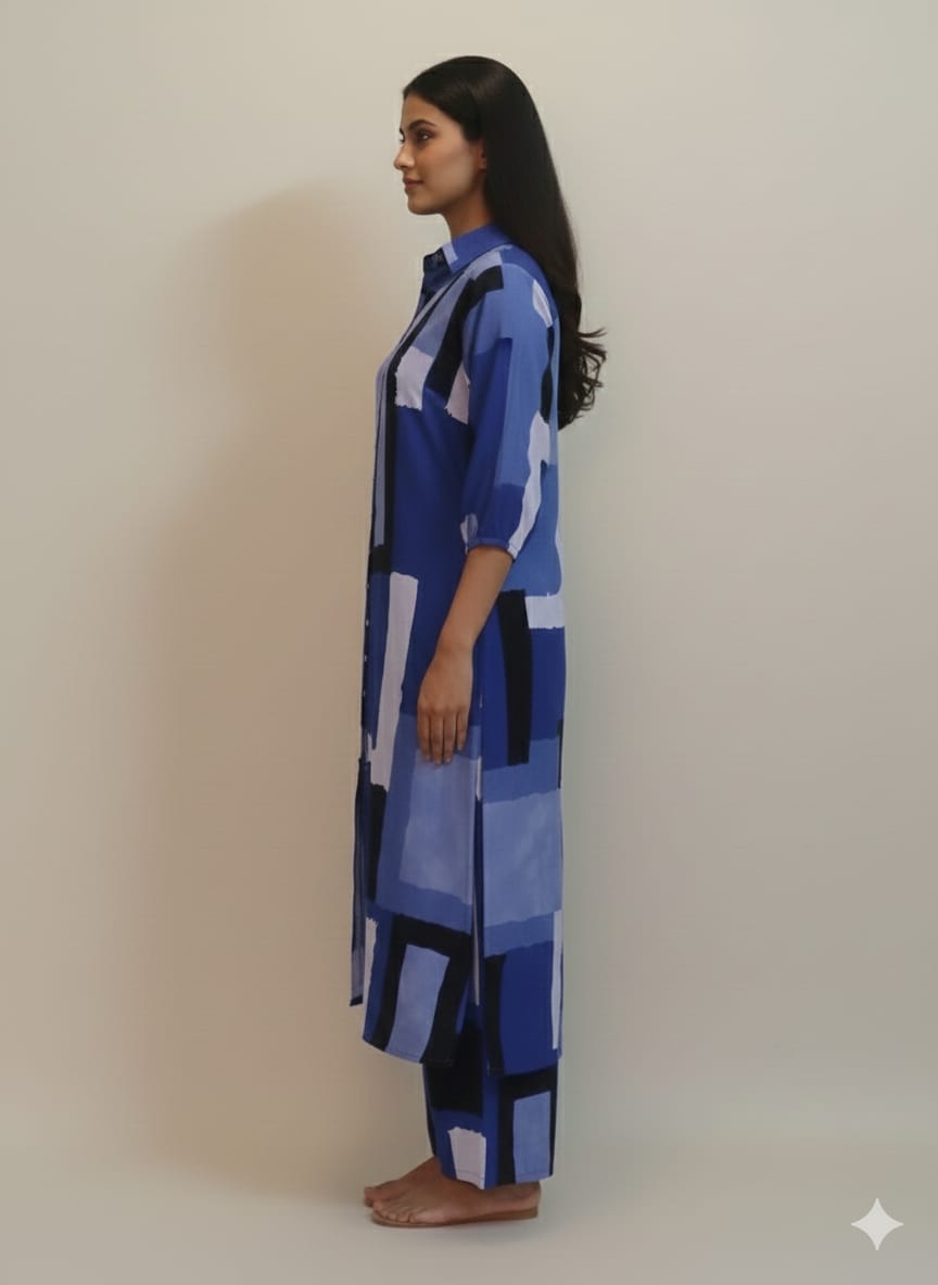 Women’s Blue Abstract Printed Rayon Kurta Set with Straight Pants