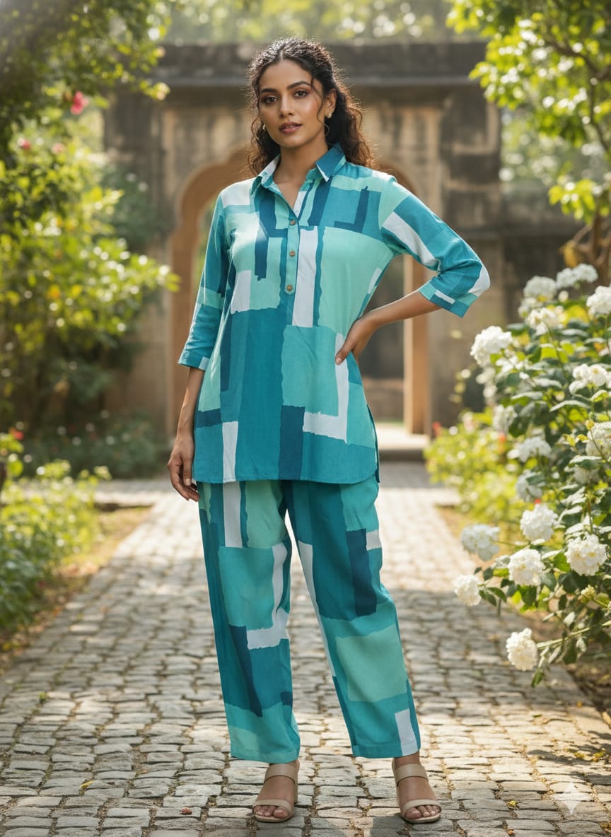 Women’s Green Abstract Box Printed Rayon Shirt & Pant Co-Ord Set