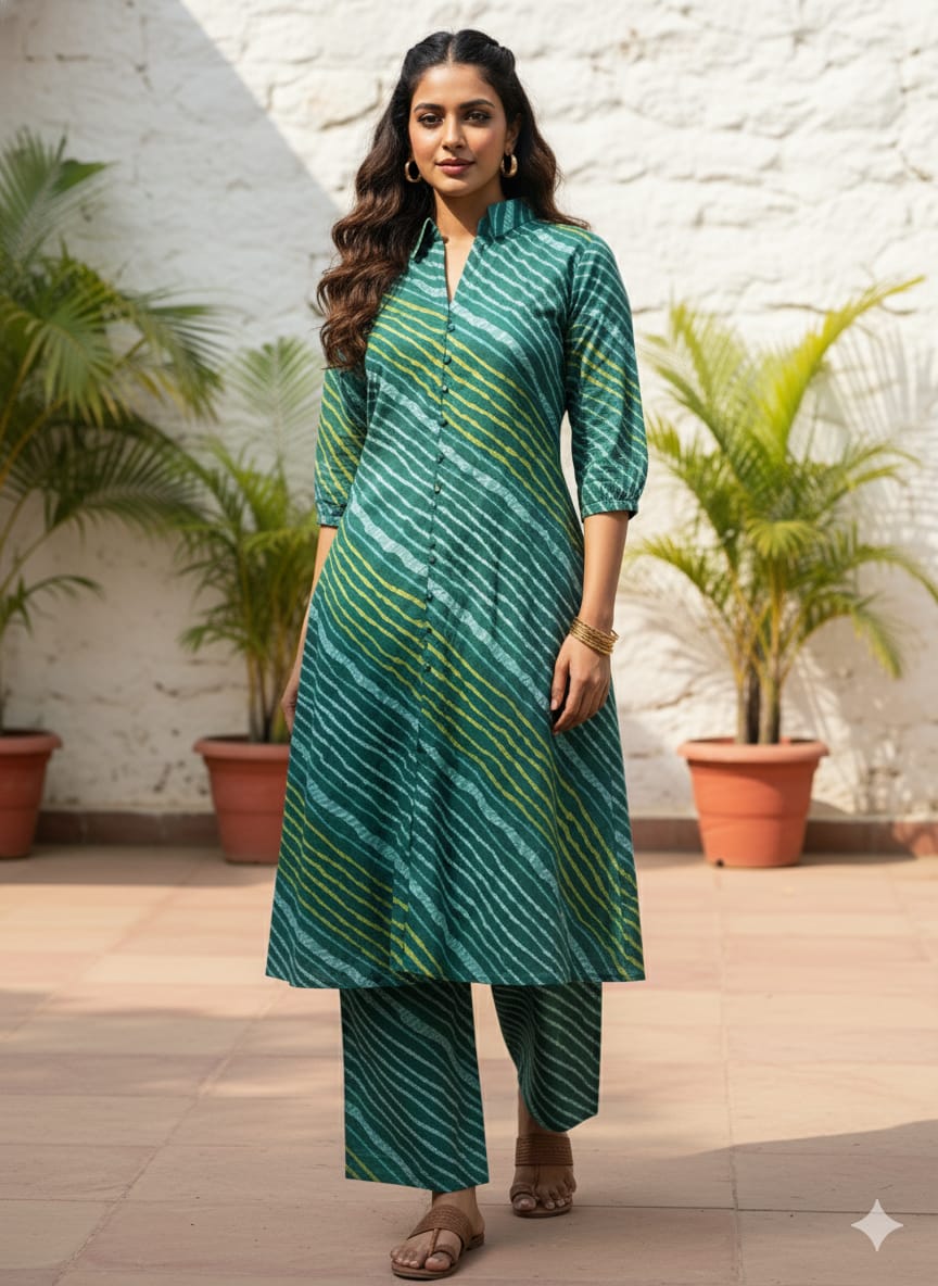 Women’s Green Leheriya Printed Cotton Kurta Set with Straight Pants
