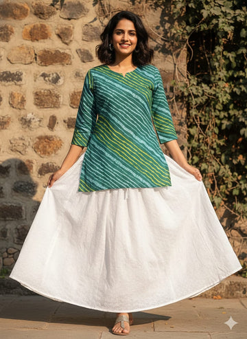 Women’s Green Leheriya Printed Cotton Kurta with Chikankari Flared Skirt Set
