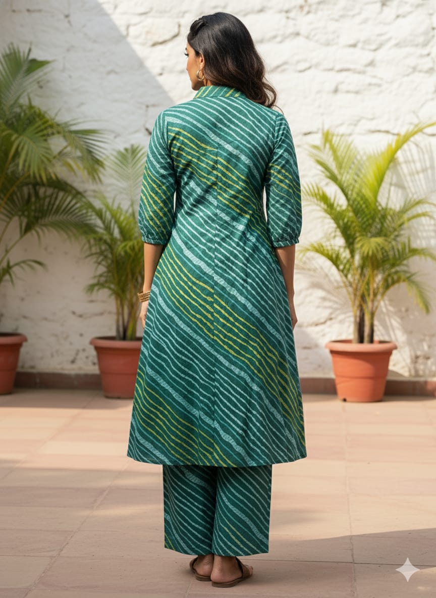 Women’s Green Leheriya Printed Cotton Kurta Set with Straight Pants