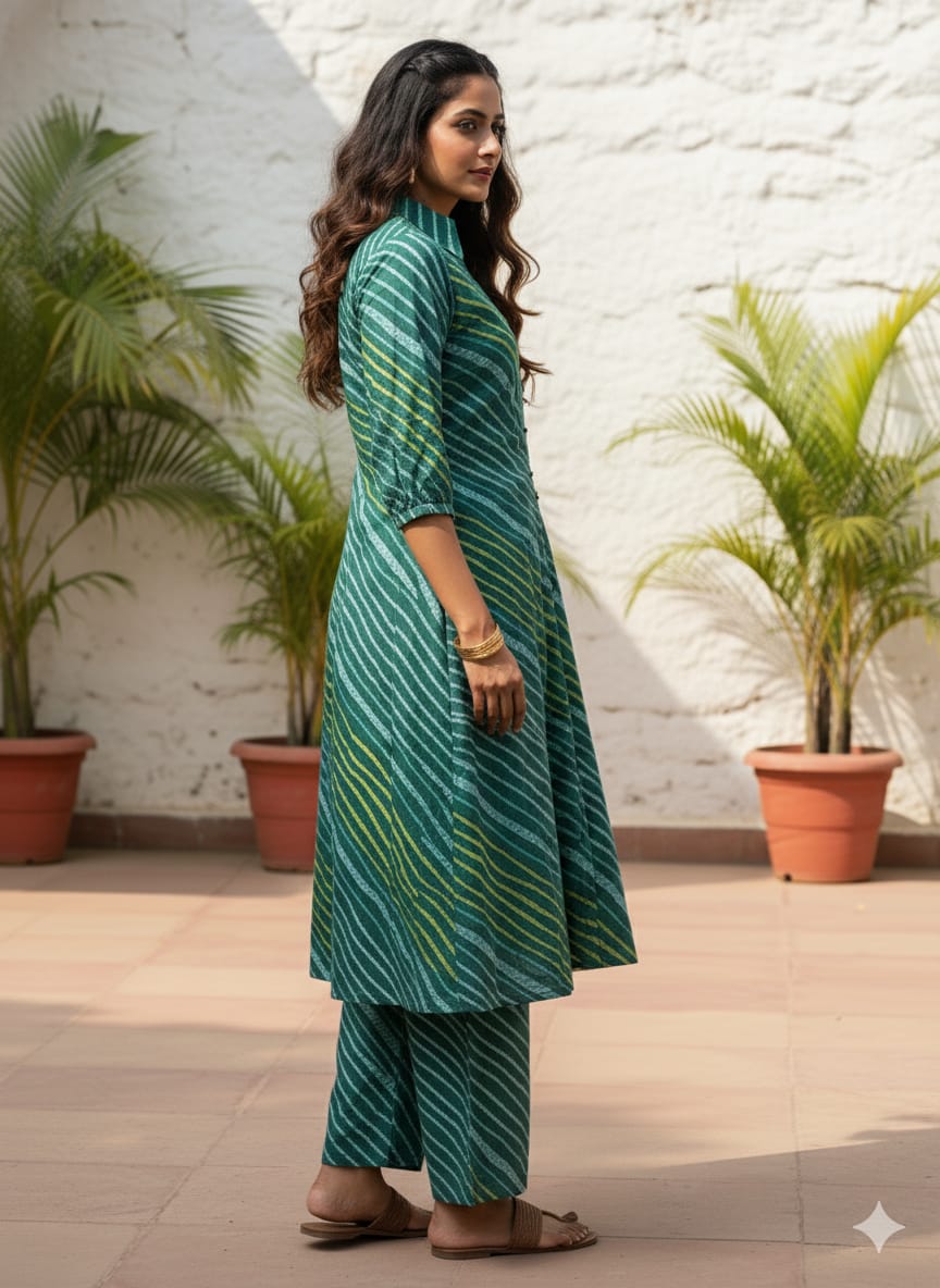 Women’s Green Leheriya Printed Cotton Kurta Set with Straight Pants