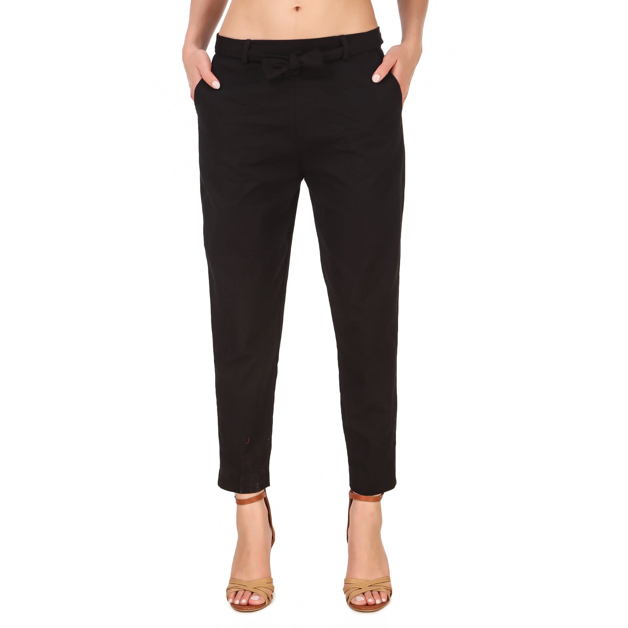Aawari Women Cotton Solid Belt Pants