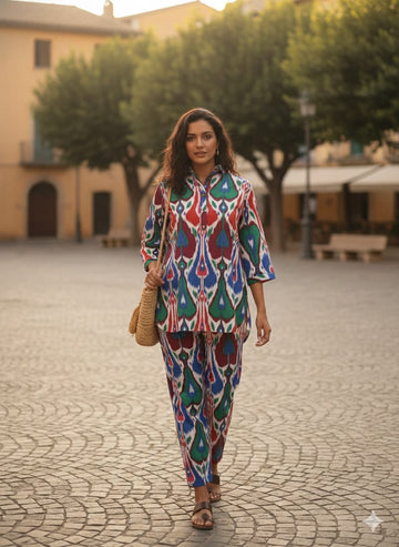Women’s Multicolor Ikkat Printed Cotton Shirt & Pant Co-Ord Set