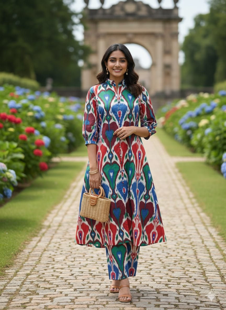 Women’s Multicolor Ikat Printed Cotton Kurta Set with Straight Pants