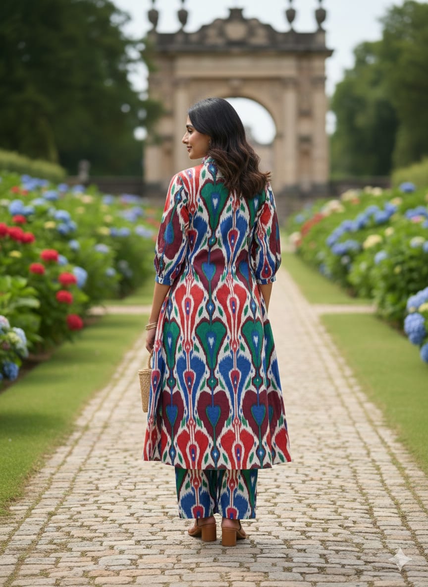 Women’s Multicolor Ikat Printed Cotton Kurta Set with Straight Pants