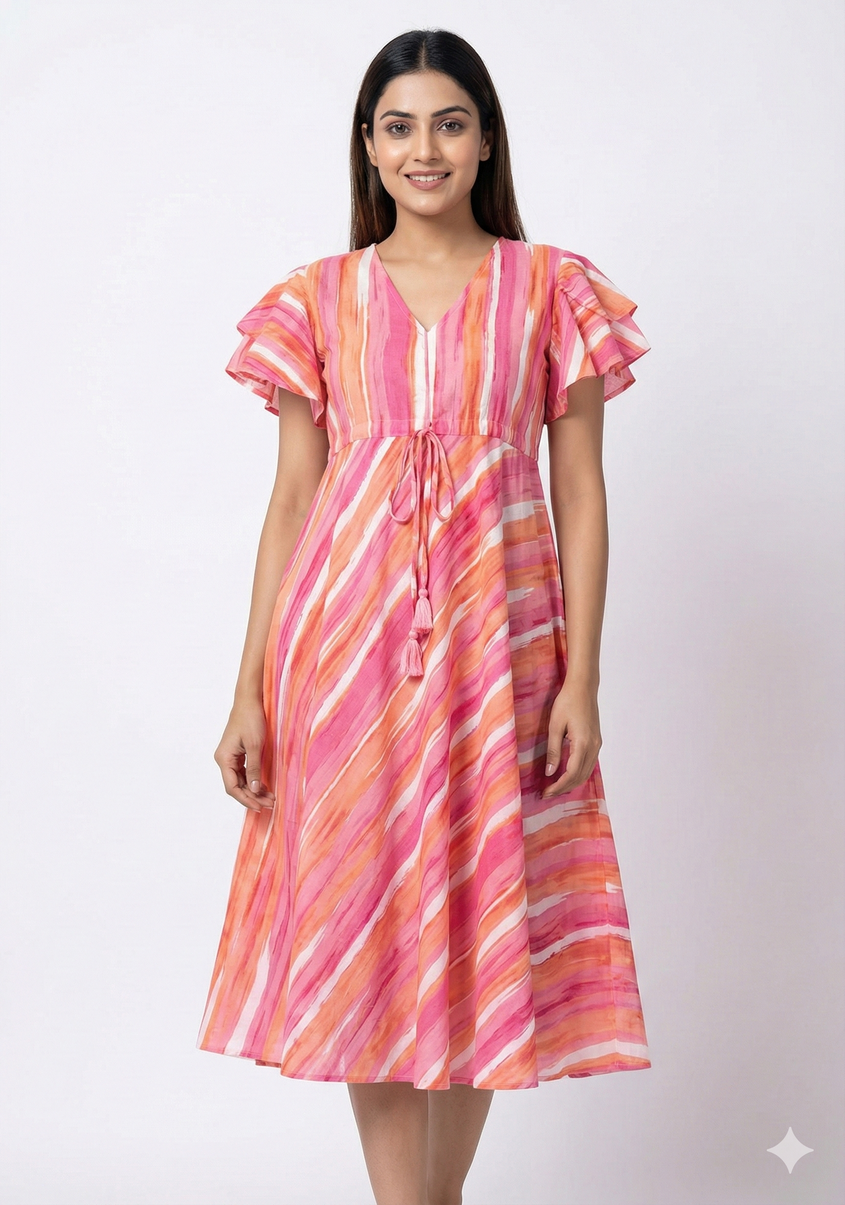 Women’s Cotton Pink Stripes Printed Umbrella Style A-Line Dress