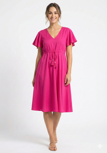 Women’s Pink Rayon Umbrella Style A-Line Dress with Drawstring Waist