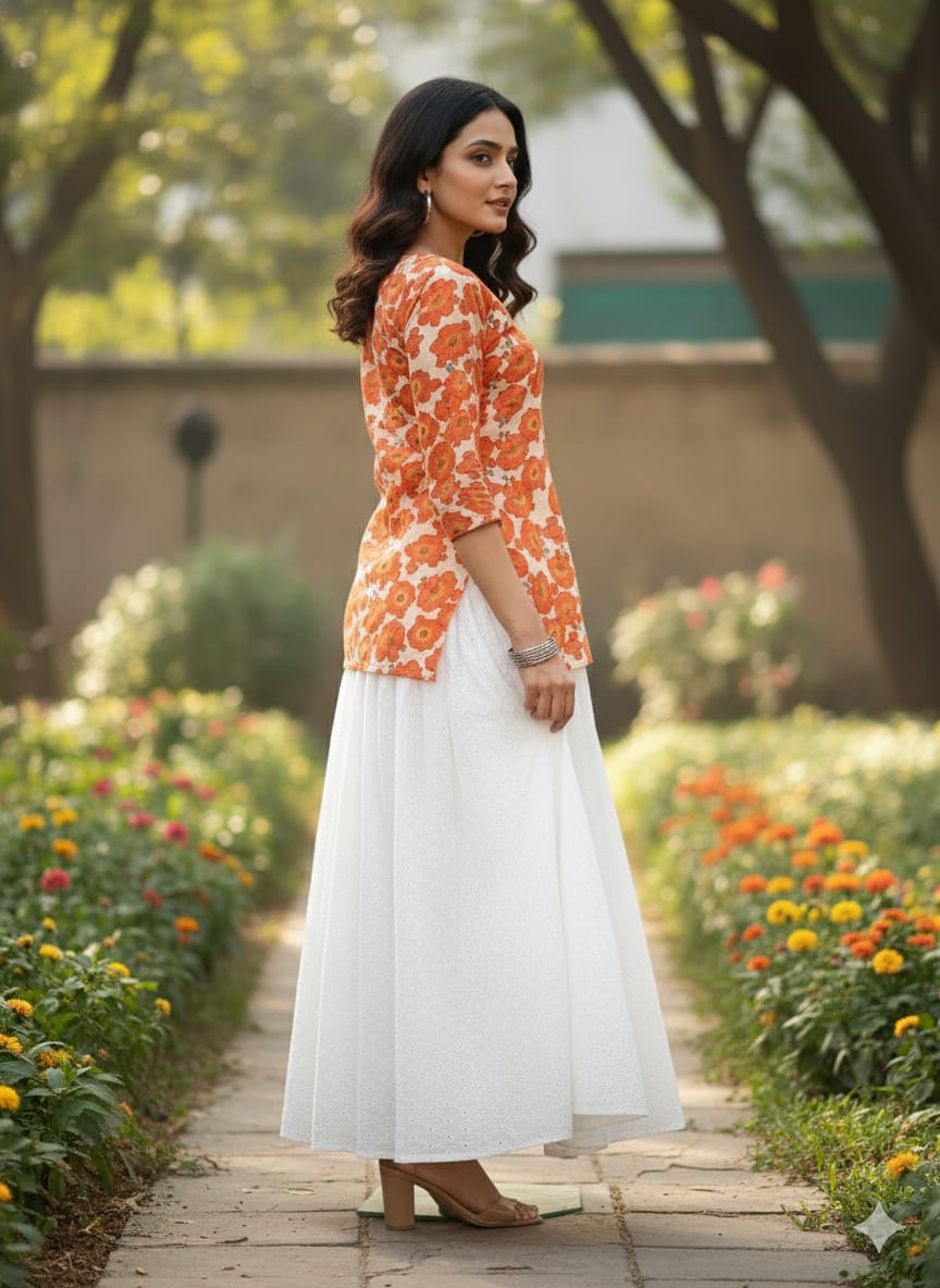 Women’s Floral Printed Cotton Kurta with Chikankari Flared Skirt Set