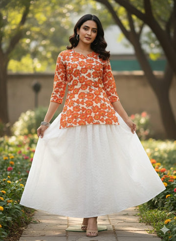 Women’s Floral Printed Cotton Kurta with Chikankari Flared Skirt Set