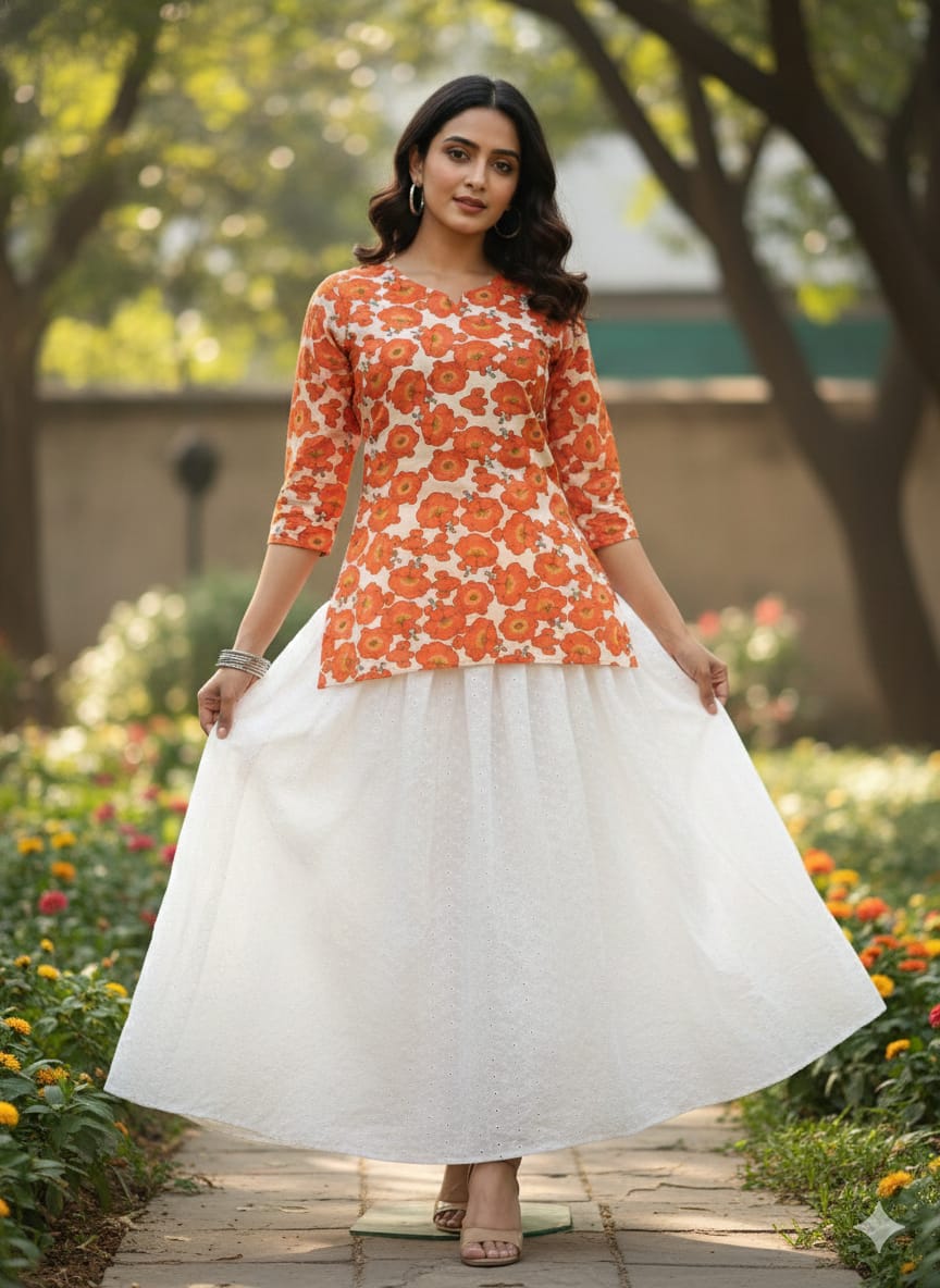 Women’s Floral Printed Cotton Kurta with Chikankari Flared Skirt Set