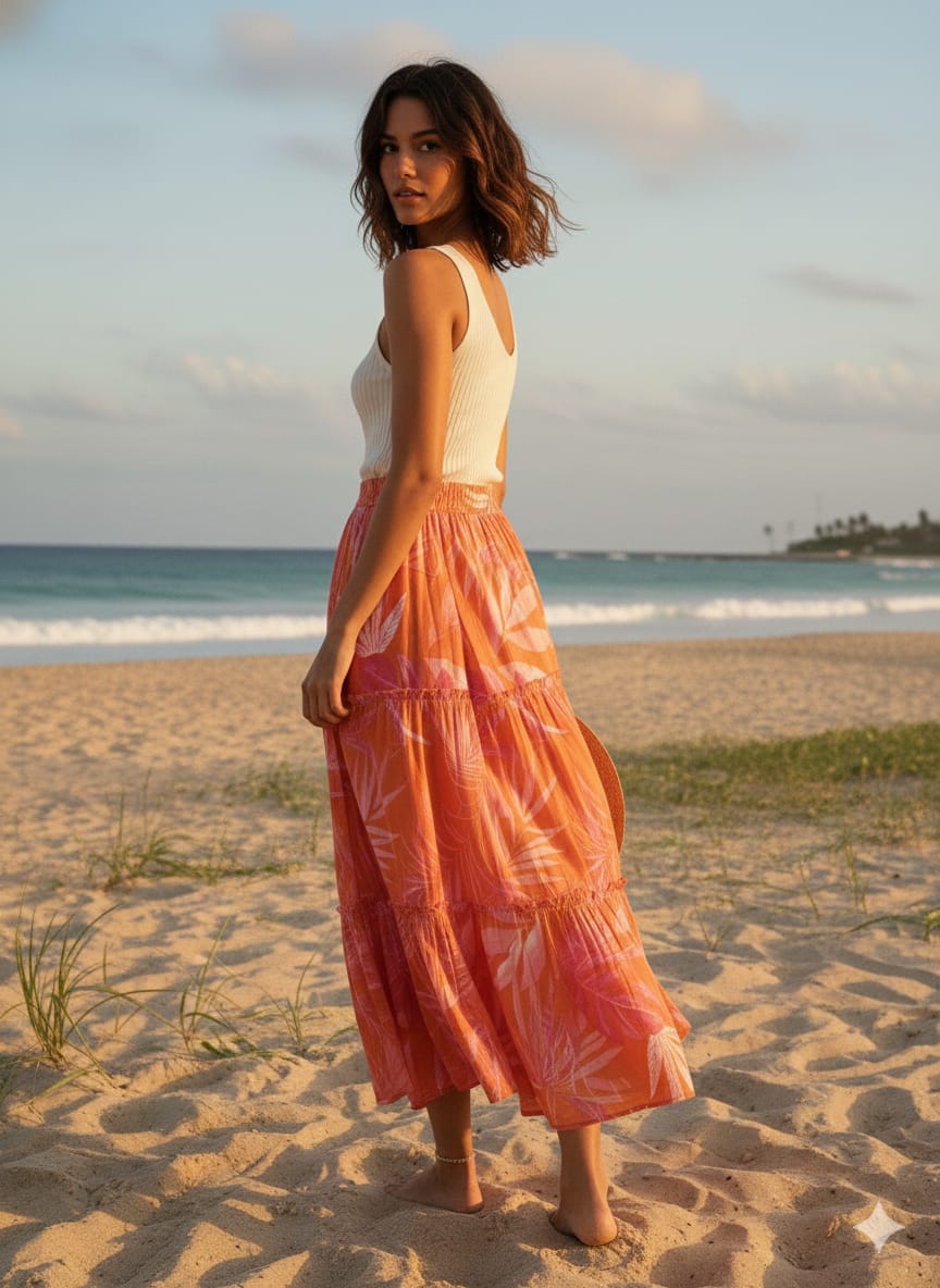 Women’s Orange Leaf Printed Cotton Tiered Skirt