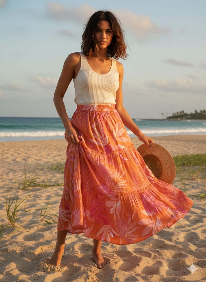 Women’s Orange Leaf Printed Cotton Tiered Skirt