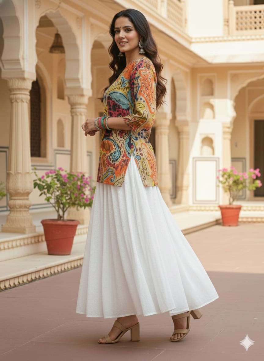 Women’s Multicolor Paisley Print Cotton Kurta with Chikankari Flared Skirt