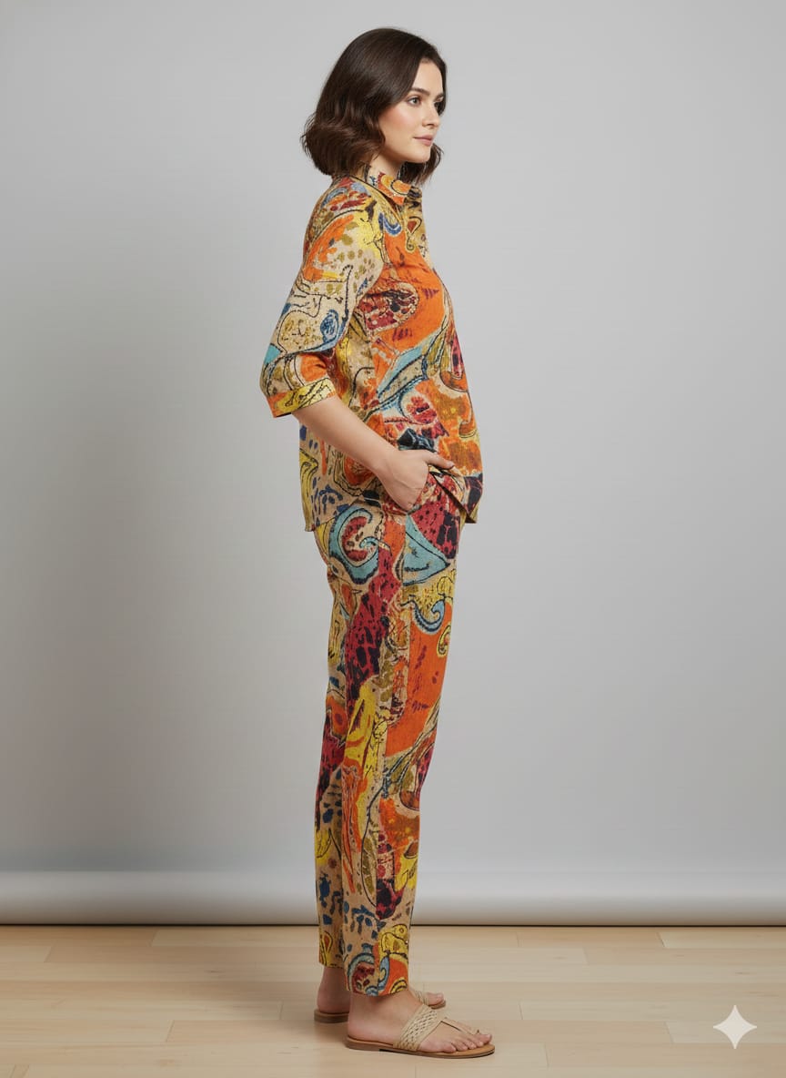 Women’s Multicolor Paisley Printed Cotton Shirt & Pant Co-Ord Set