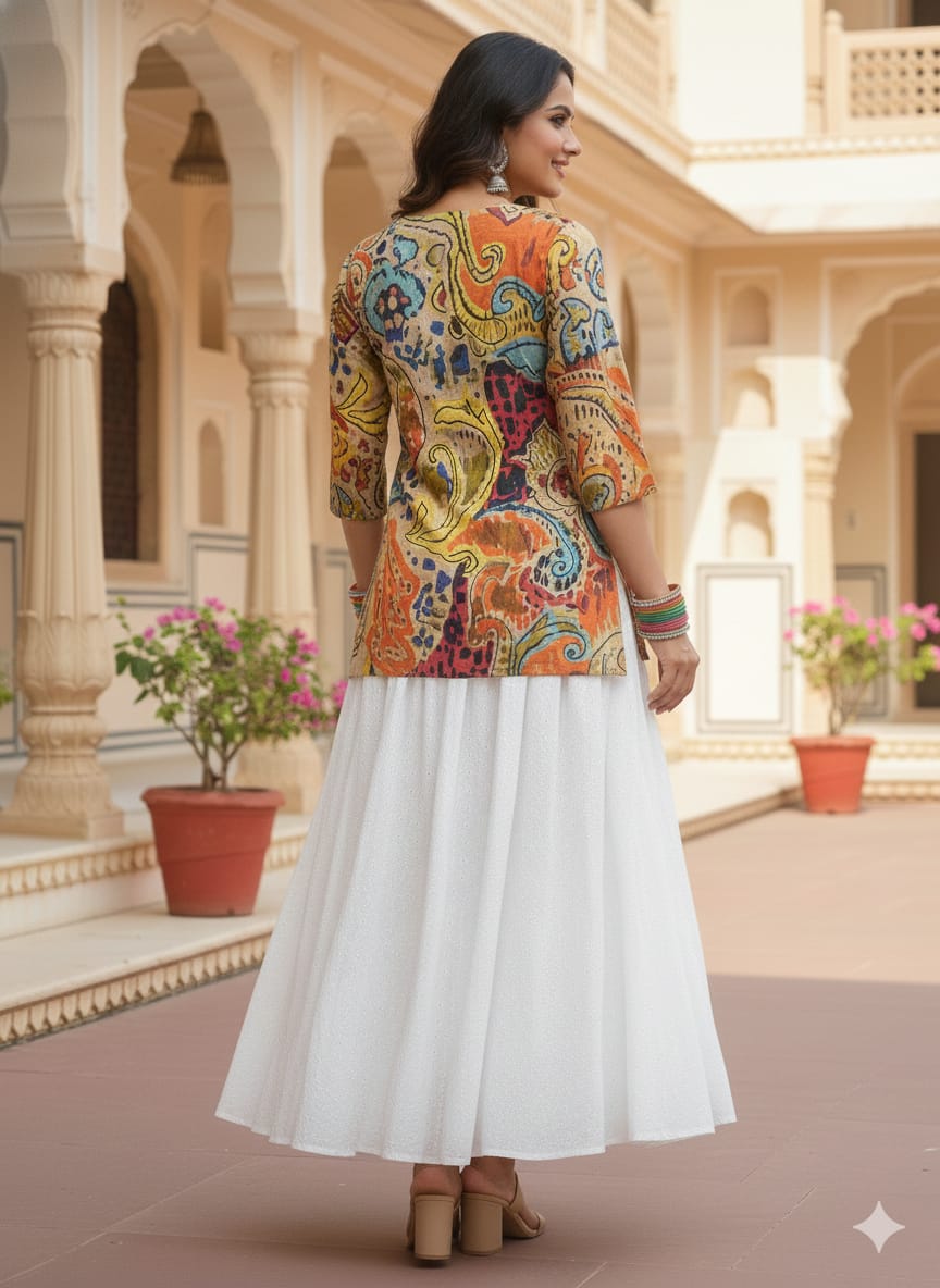 Women’s Multicolor Paisley Print Cotton Kurta with Chikankari Flared Skirt