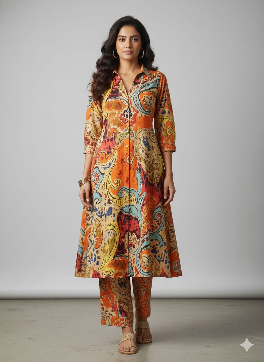 Women’s Multicolor Paisley Printed Cotton Kurta Set with Straight Pants