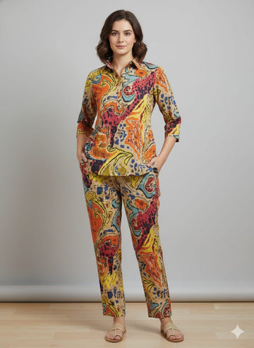 Women’s Multicolor Paisley Printed Cotton Shirt & Pant Co-Ord Set