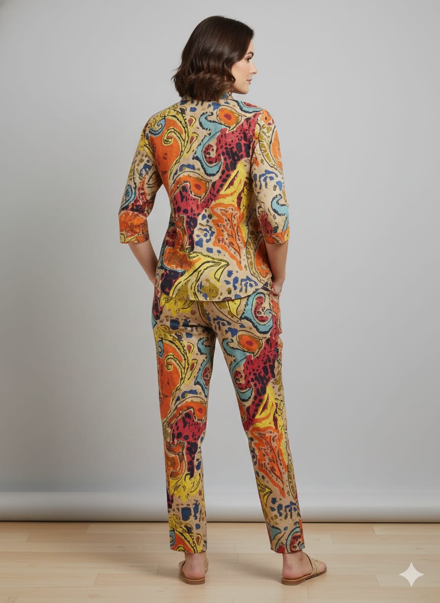 Women’s Multicolor Paisley Printed Cotton Shirt & Pant Co-Ord Set