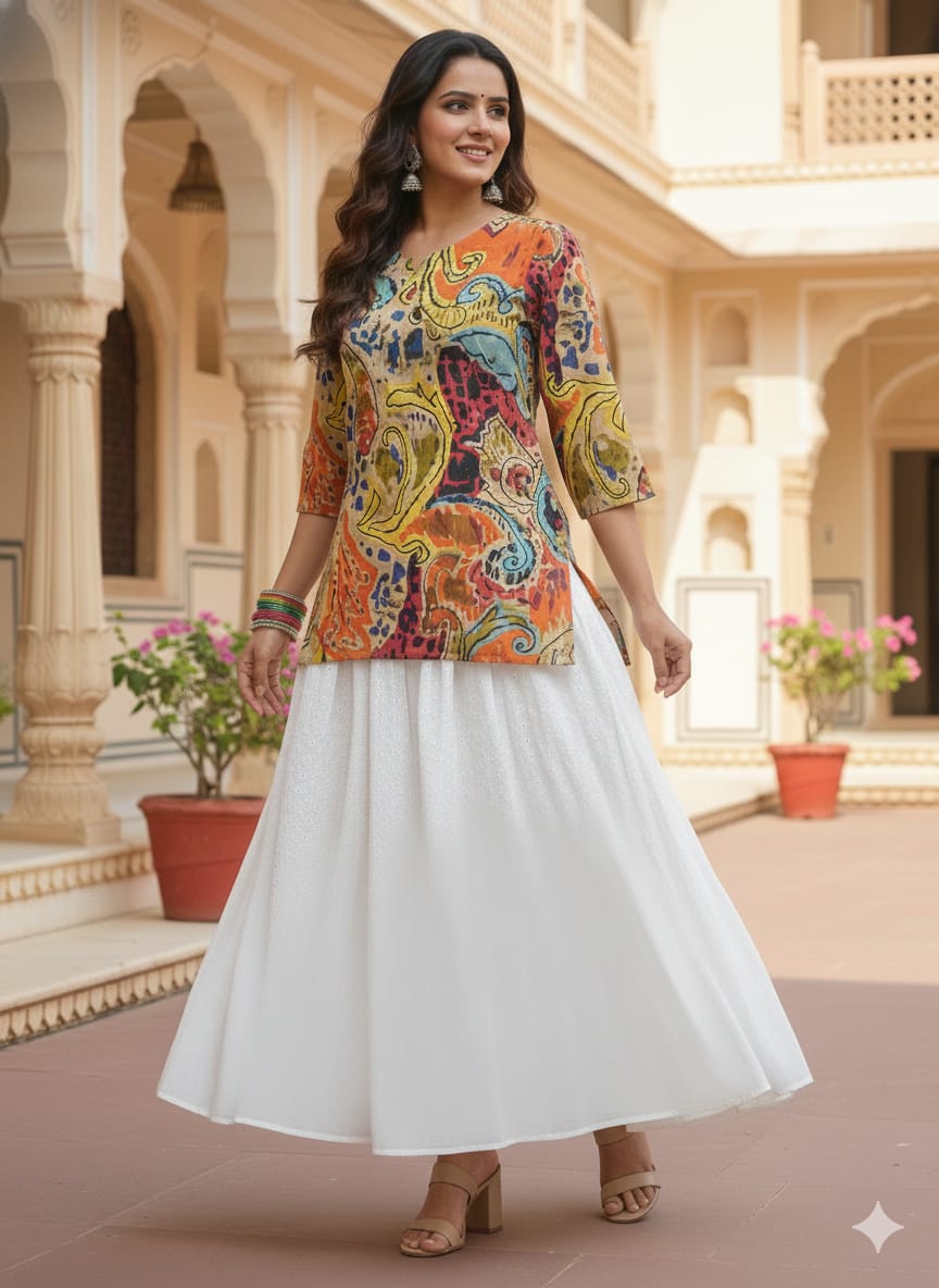 Women’s Multicolor Paisley Print Cotton Kurta with Chikankari Flared Skirt