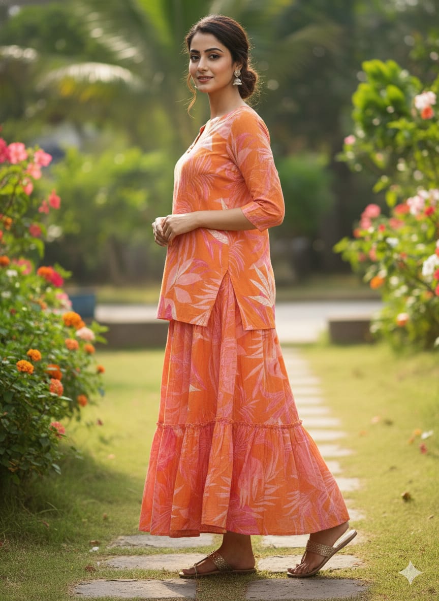 Women’s Orange Leaf Printed Cotton Kurta with Flared Skirt Set