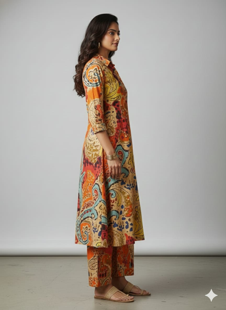 Women’s Multicolor Paisley Printed Cotton Kurta Set with Straight Pants