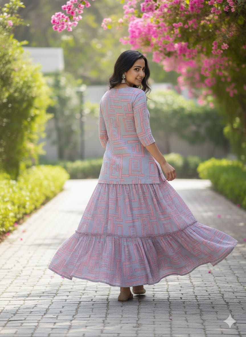 Women’s Pink Box Abstract Printed Rayon Kurta with Flared Skirt Set
