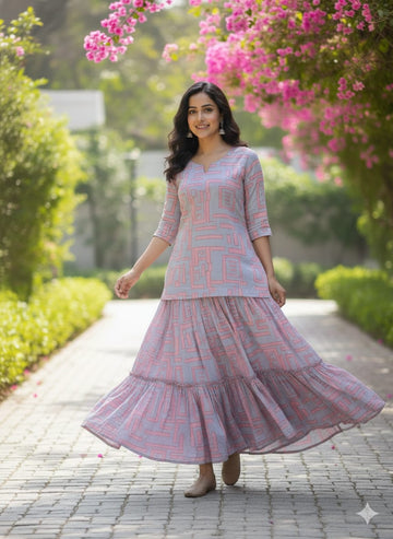 Women’s Pink Box Abstract Printed Rayon Kurta with Flared Skirt Set