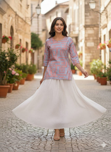 Women’s Pink Box Abstract Printed Rayon Kurta with Chikankari Flared Skirt Set