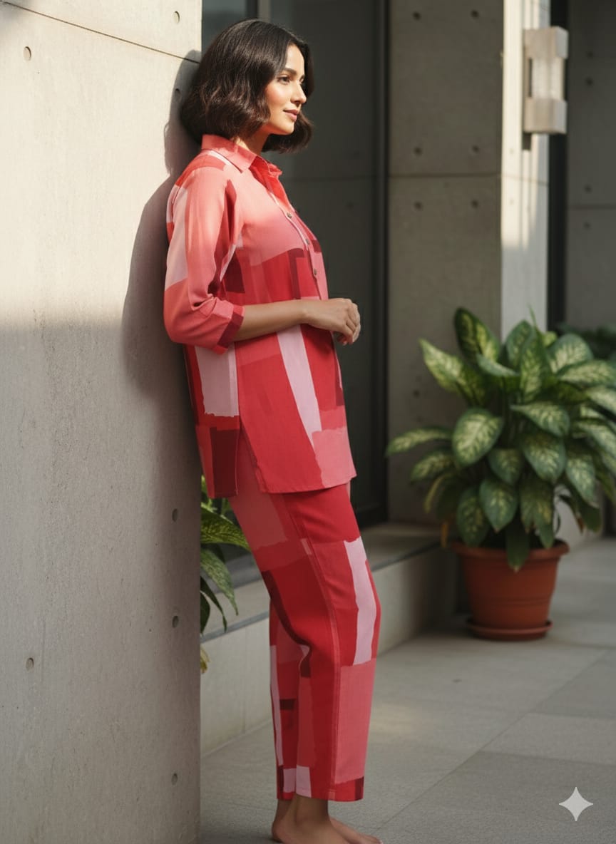 Women’s Red Abstract Box Printed Rayon Shirt & Pant Co-Ord Set