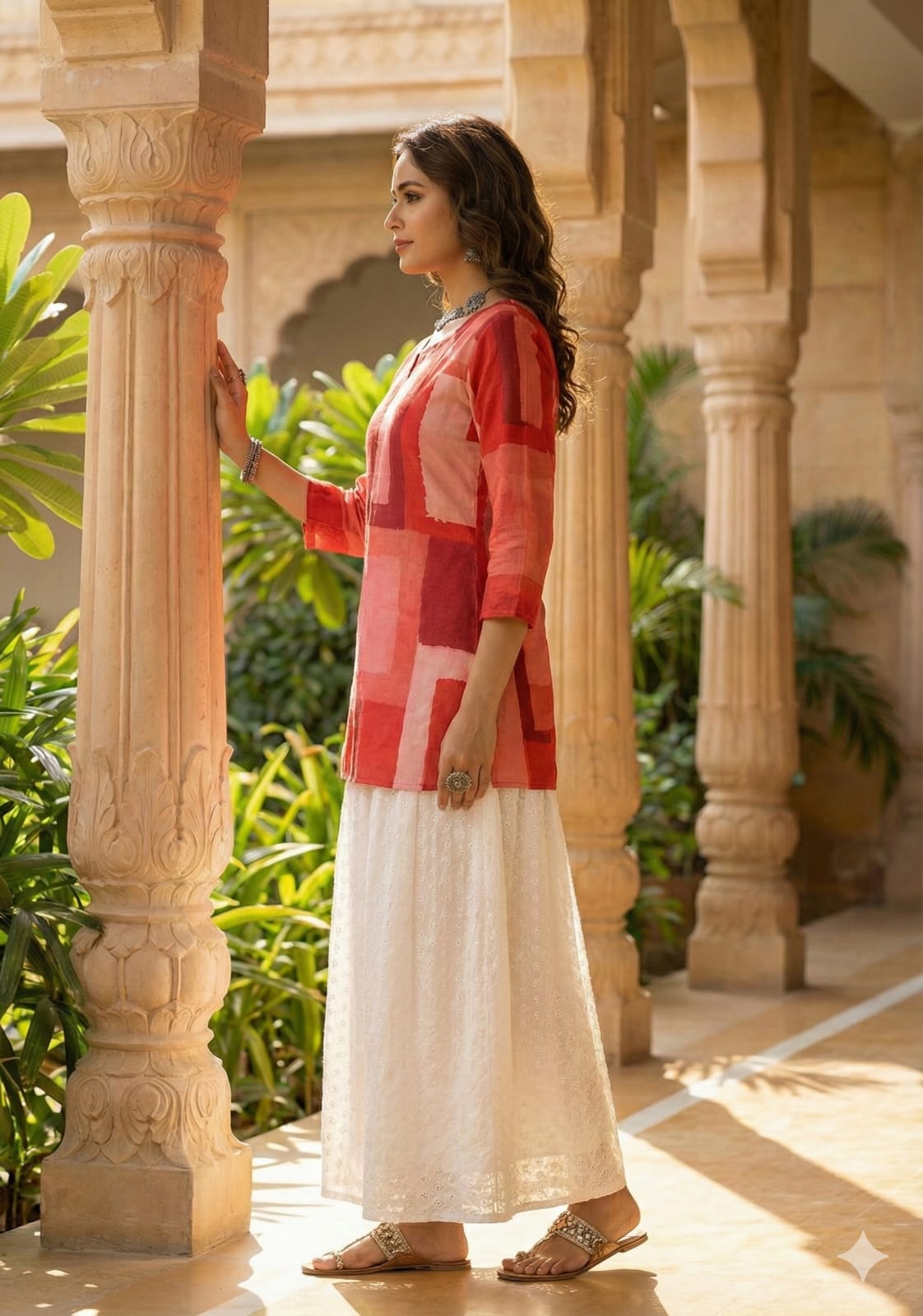 Women’s Red Box Abstract Printed Rayon Kurta with Chikankari Flared Skirt Set