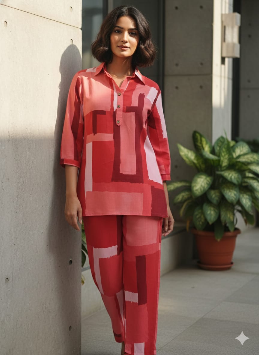 Women’s Red Abstract Box Printed Rayon Shirt & Pant Co-Ord Set