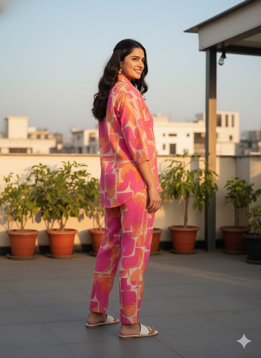 Women’s Pink & Orange Abstract Printed Rayon Shirt & Pant Co-Ord Set