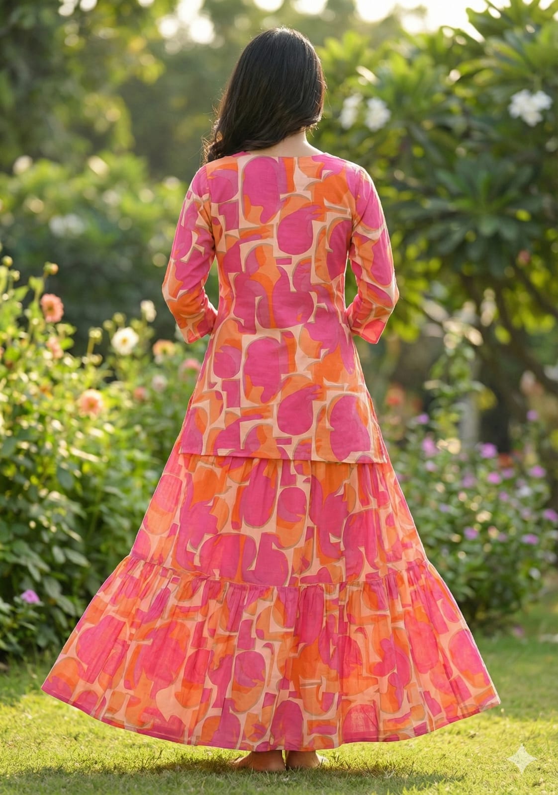 Women’s Red Abstract Printed Rayon Kurta with Flared Skirt Set