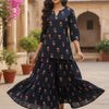 Women’s Red Floral Printed Cotton Black Kurta with Flared Skirt Set