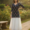 Women’s Red Floral Printed Cotton Black Kurta with Chikankari Flared Skirt Set