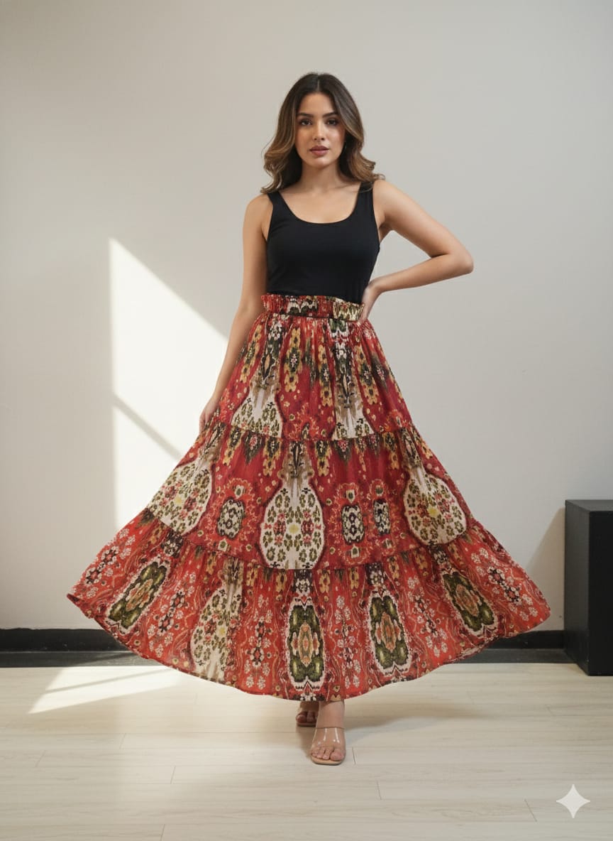 Women’s Red Ikkat Printed Cotton Tiered Skirt